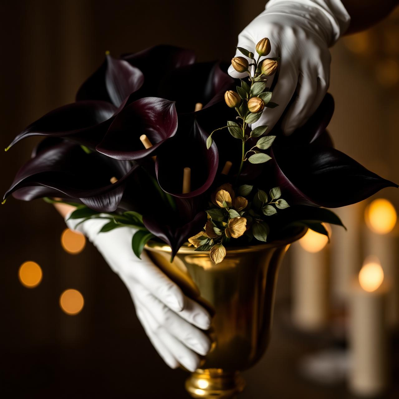 Hands carefully arranging florals into a brass urn for a luxury event by Shaddai Brands